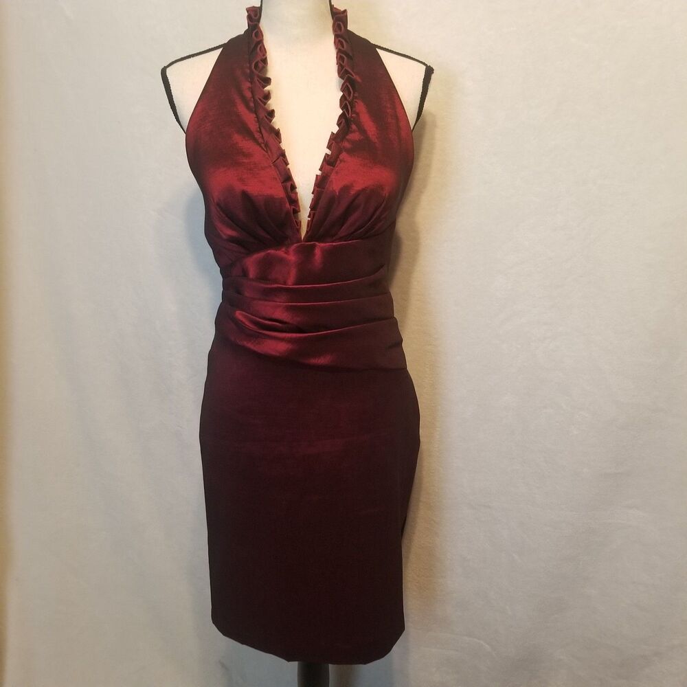 Betsy & Adam 12 Red Shimmer Taffeta Halter Ruffle Deep Plunge Stretch Whimsigoth